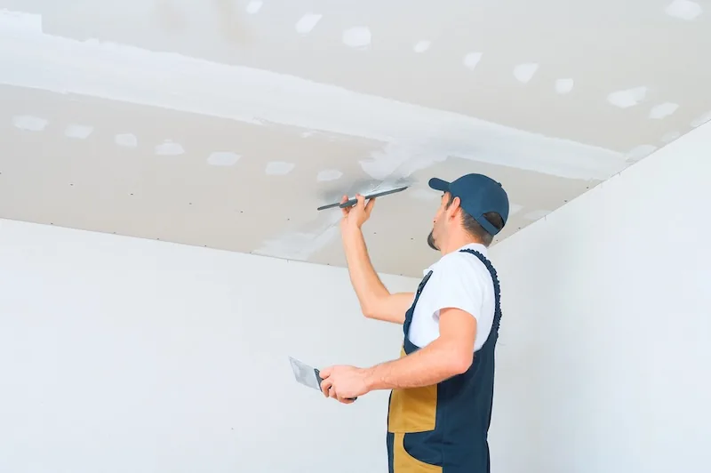 Artisan plâtrier lissant l'enduit d'un plafond à la spatule lors d'une rénovation à Arras